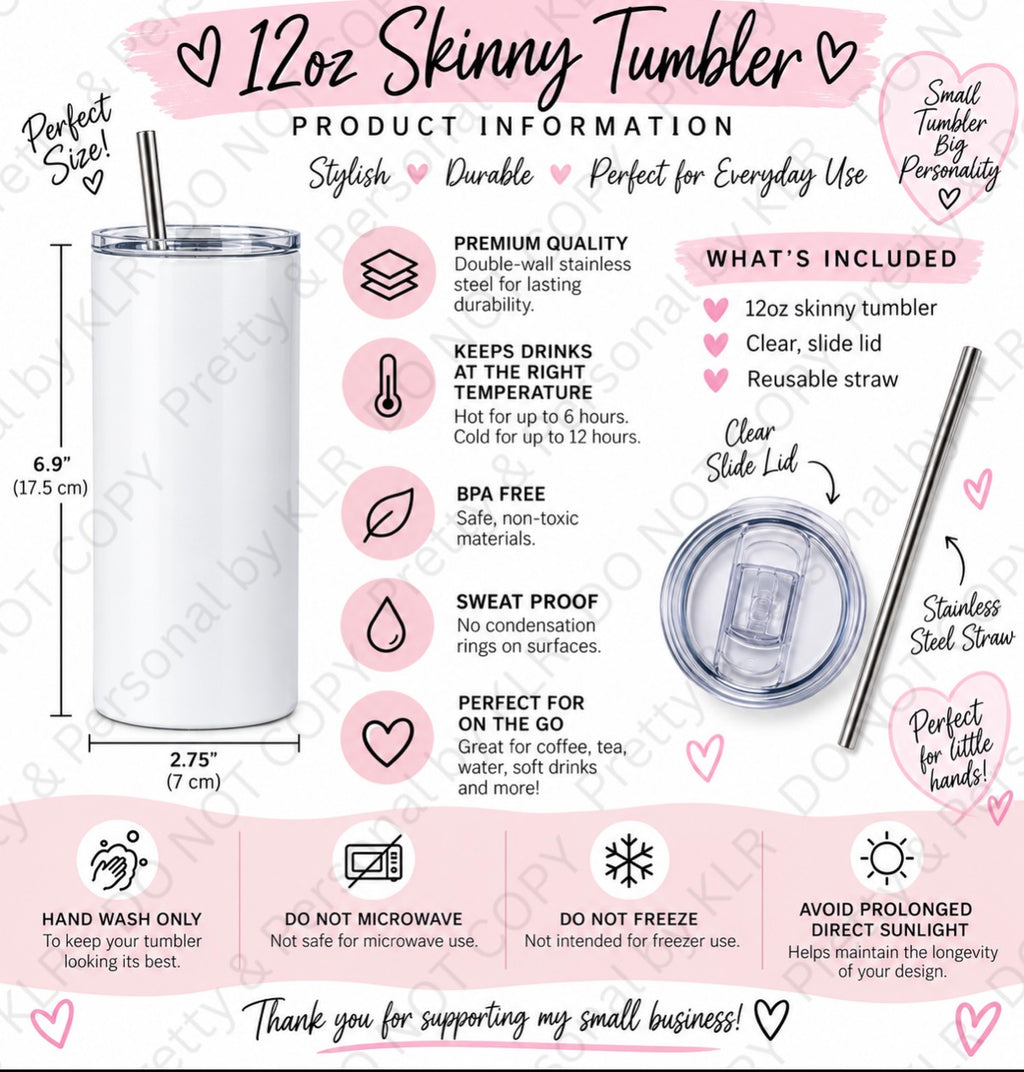 12oz stainless steel skinny tumbler features and care instructions