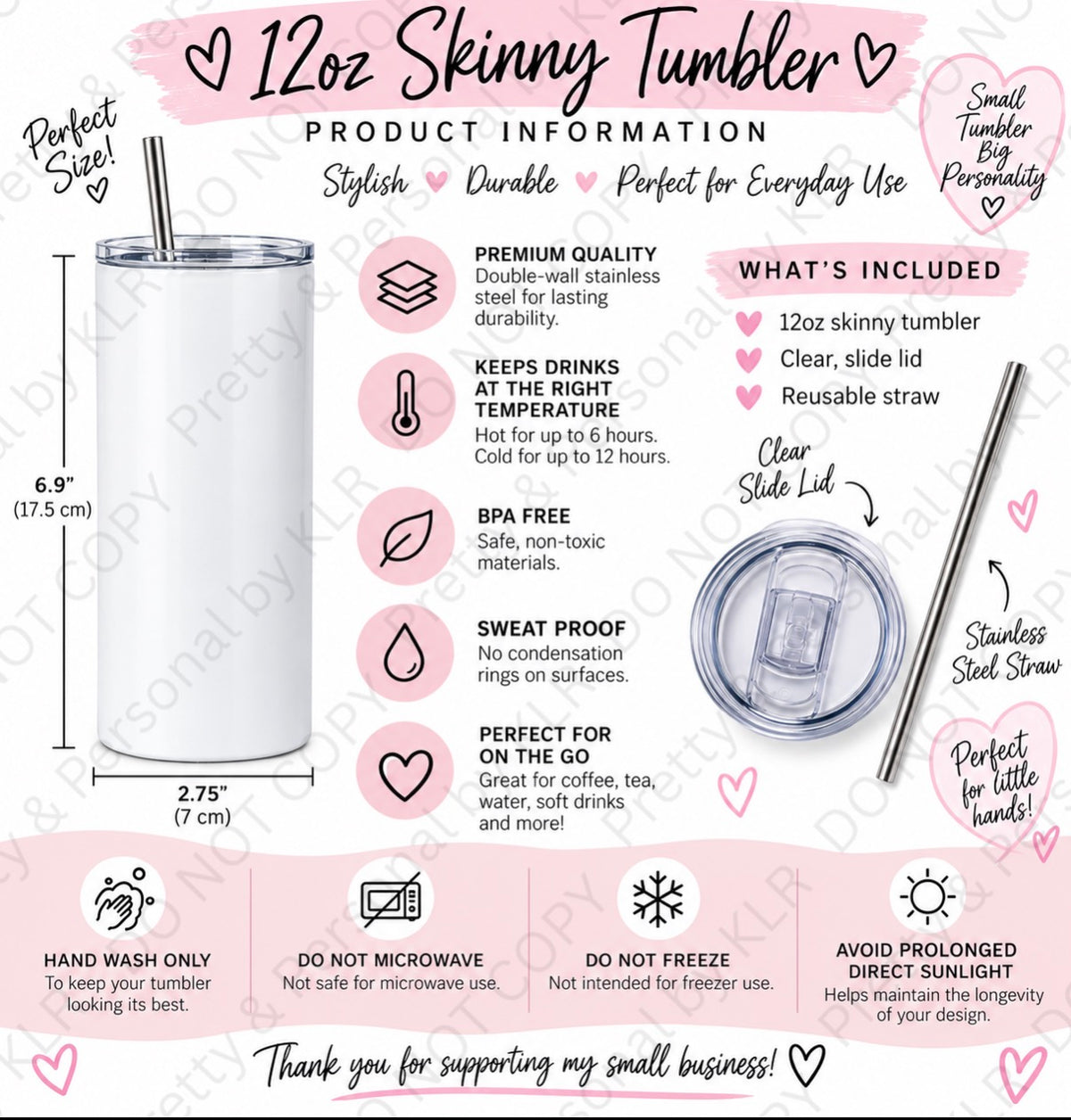 12oz stainless steel skinny tumbler features and care instructions