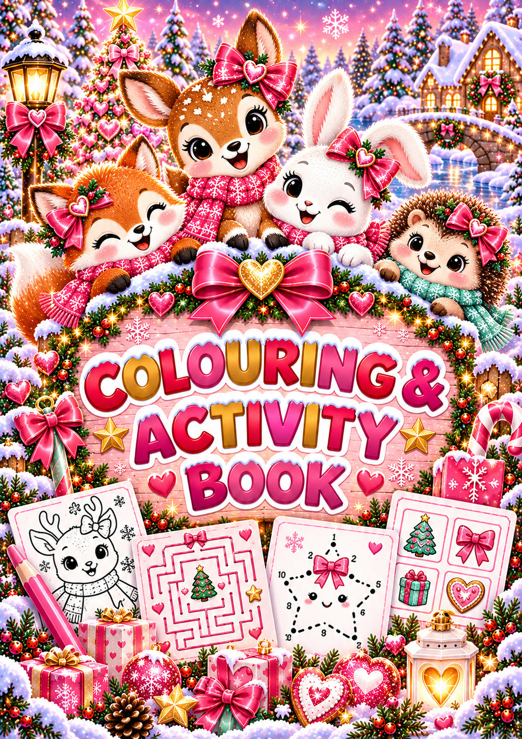 Pink Christmas Animals Colouring & Activity Book cover option