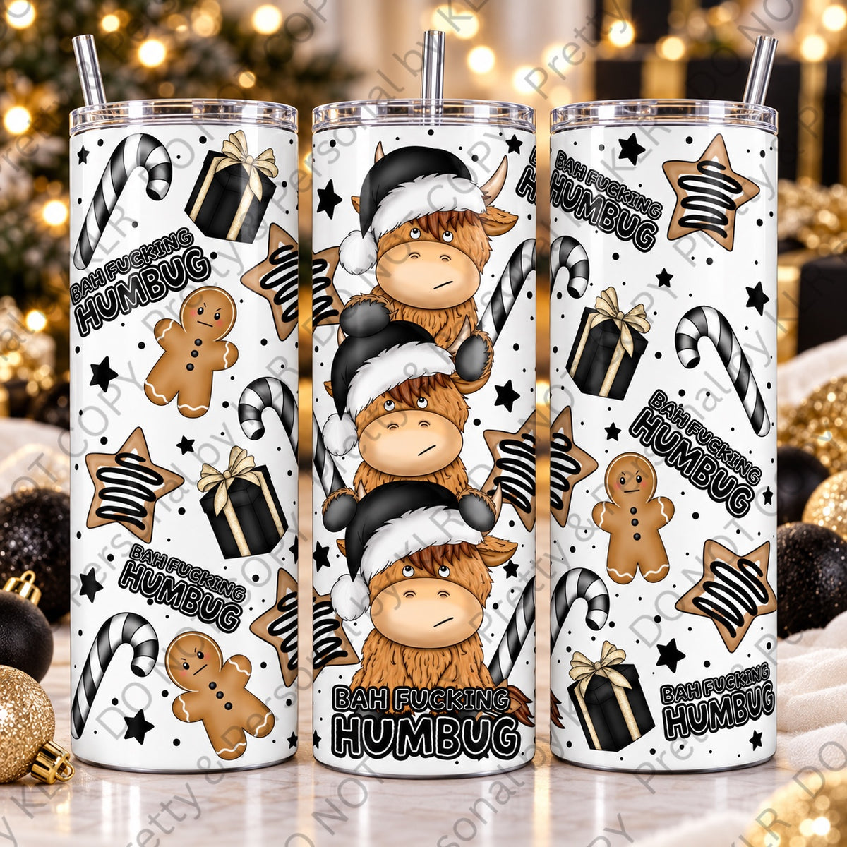 Funny sweary Bah Fucking Humbug Highland Cow 20oz Christmas tumbler