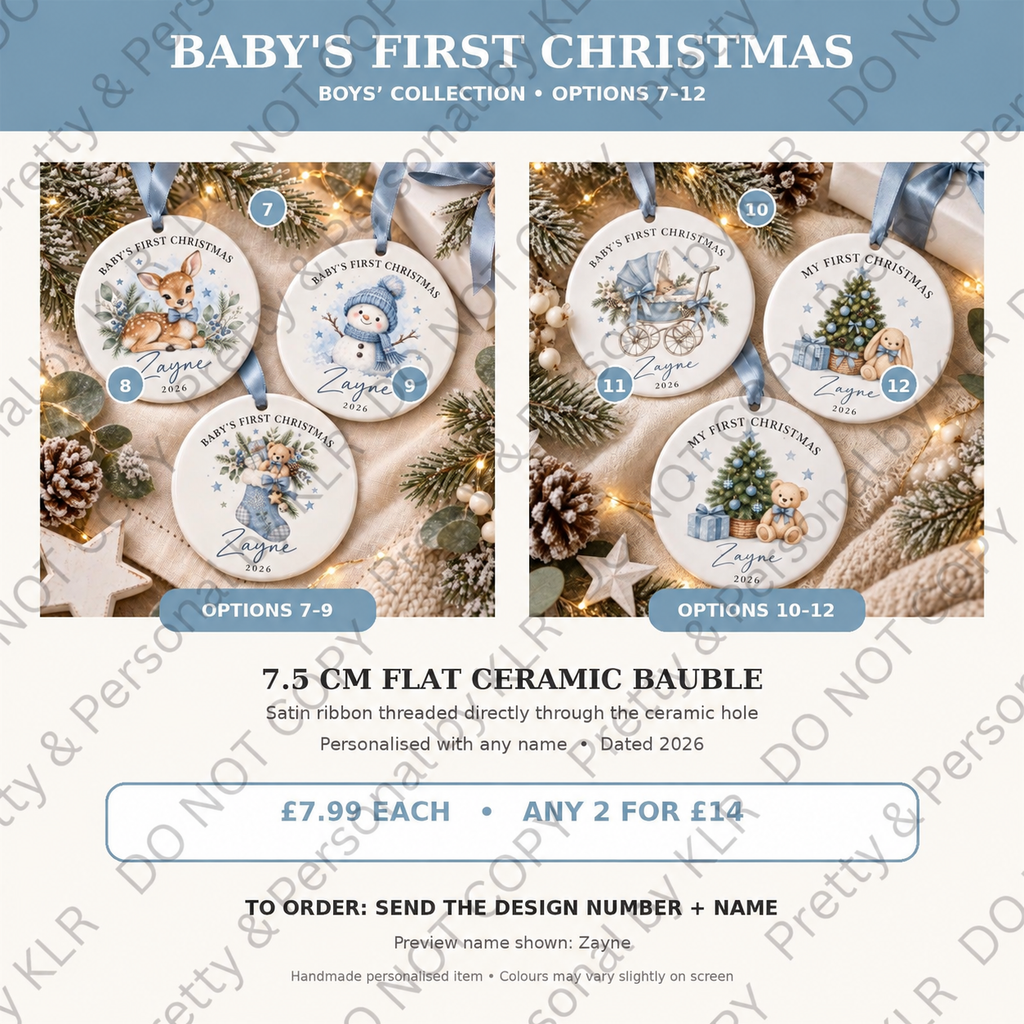 Baby boy first Christmas bauble options 7 to 12 – 7.5 cm