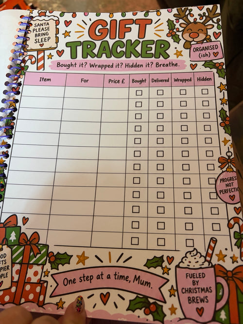 Christmas gift tracker page for presents, delivery, wrapping and hiding