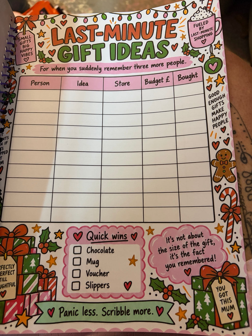 Last-minute Christmas gift ideas page in A4 planner