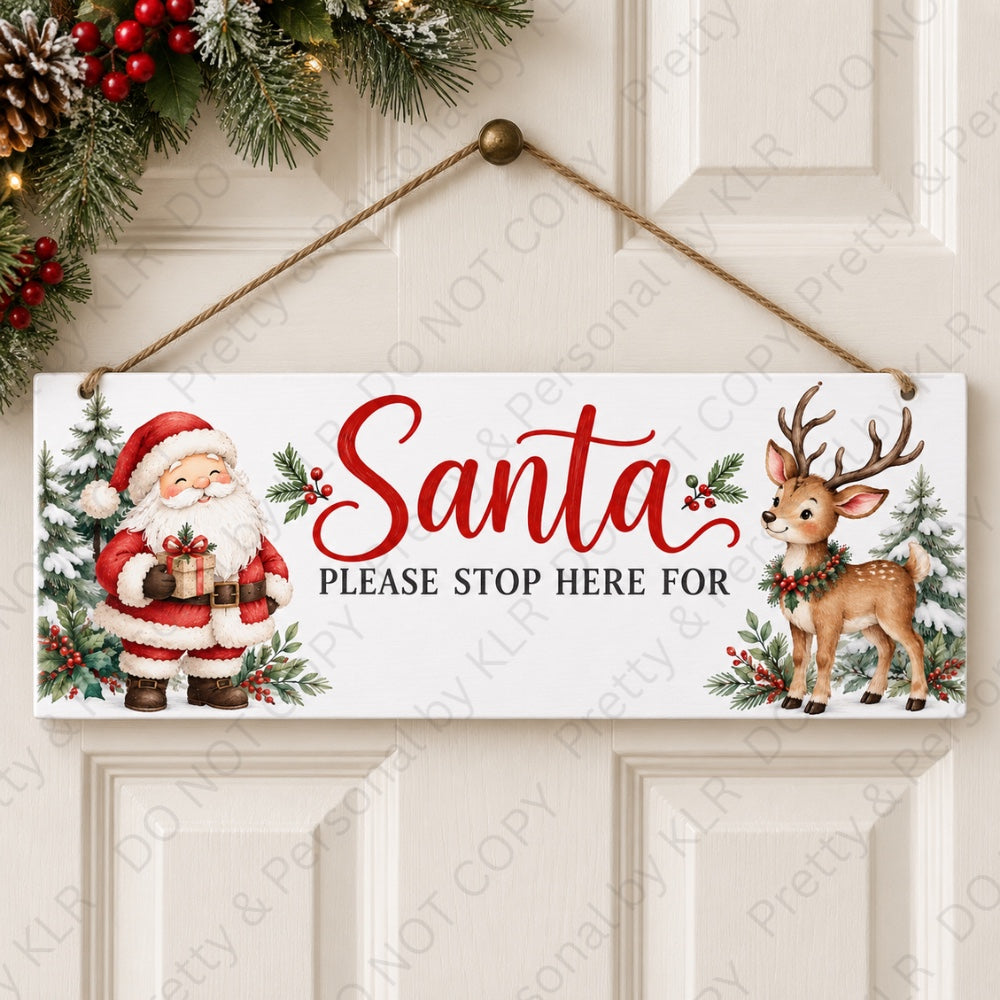 Design 16: Santa and Reindeer wooden Christmas door plaque 28 x 10 cm
