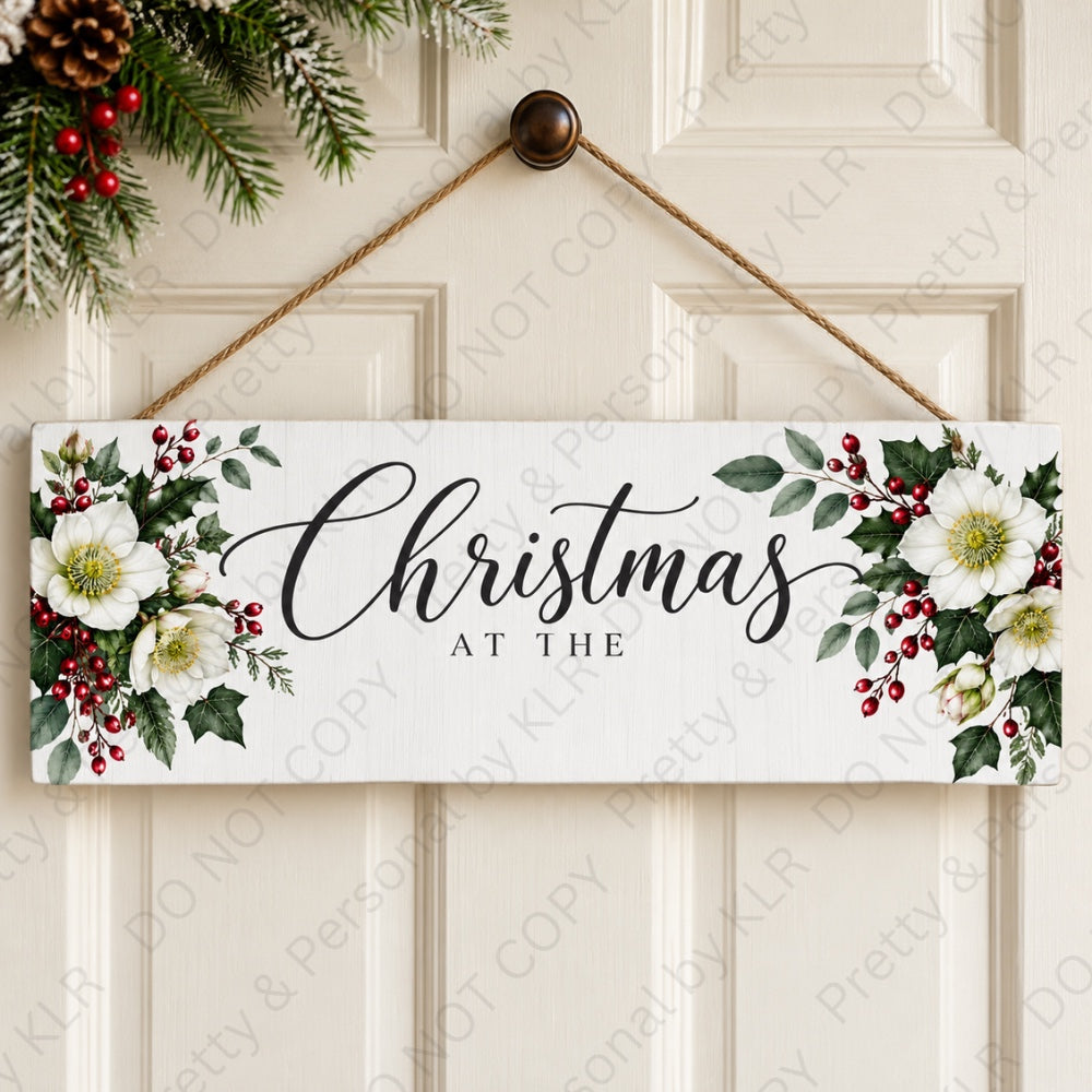 Design 19: White Floral Christmas at the wooden Christmas door plaque 28 x 10 cm