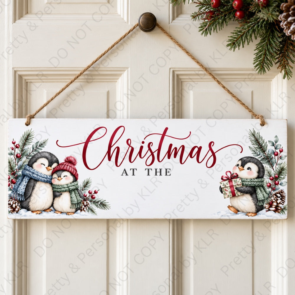Design 6: Penguin Christmas at the wooden Christmas door plaque 28 x 10 cm