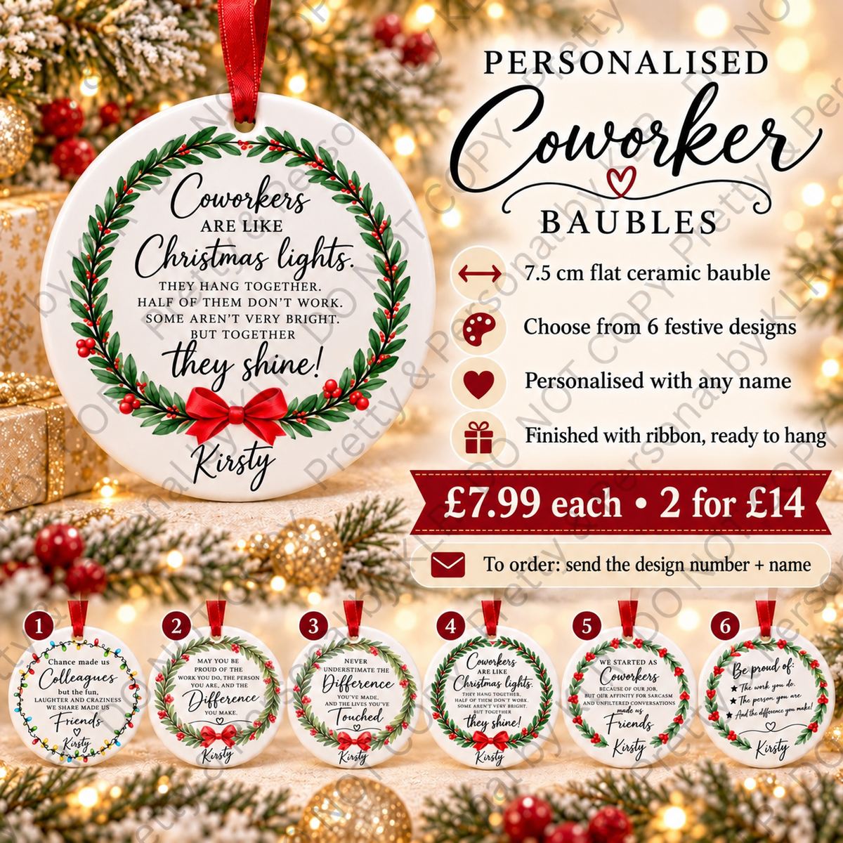Personalised coworker baubles options 1 to 6 – 7.5 cm