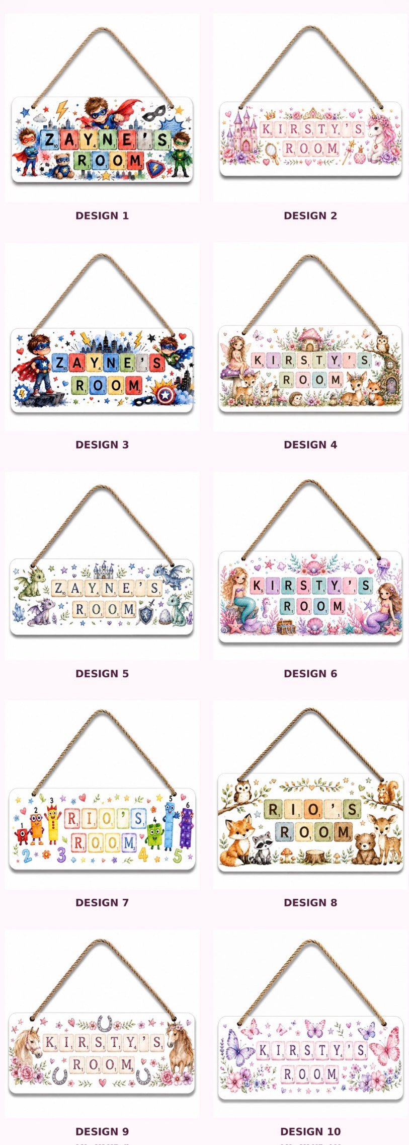 Personalised MDF children’s door plaque designs 1 to 10