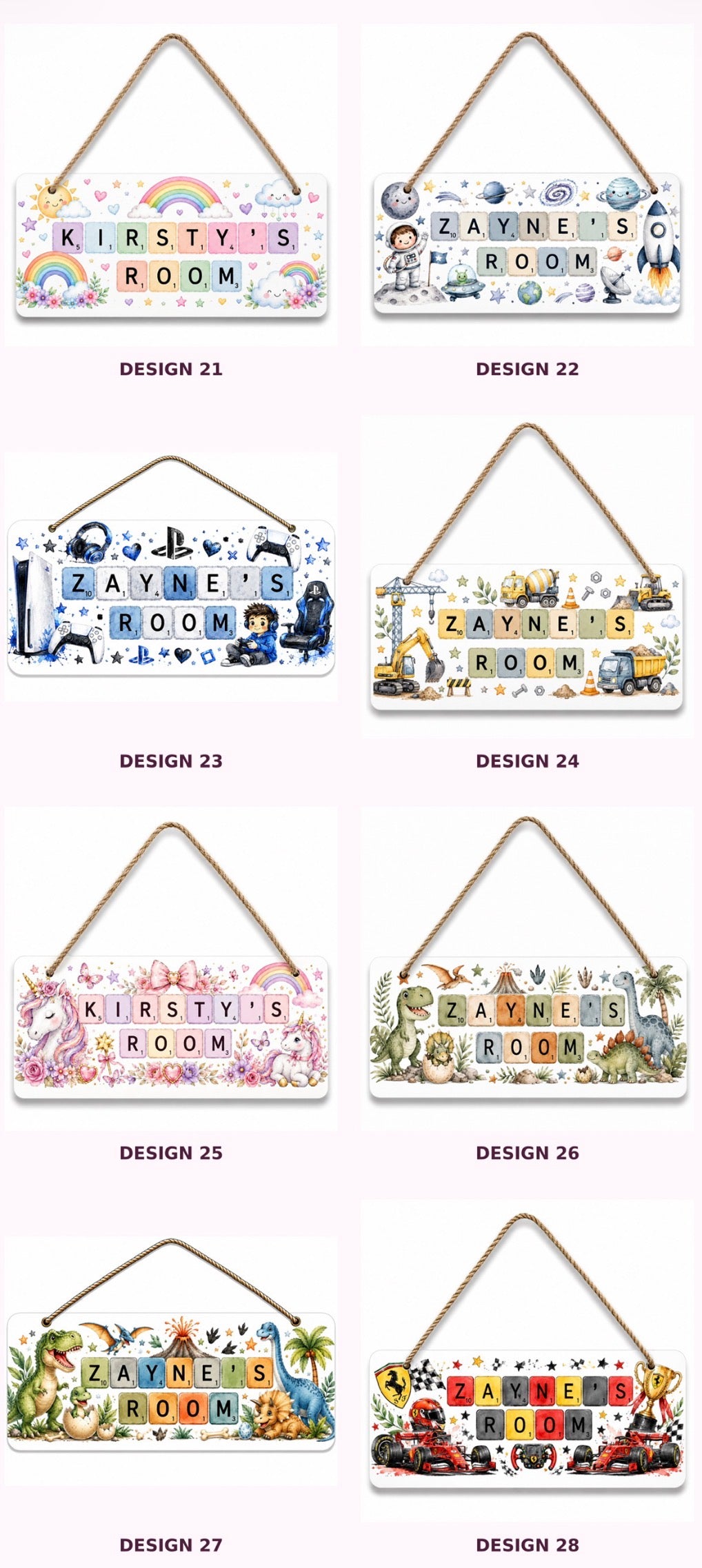 Personalised MDF children’s door plaque designs 21 to 28