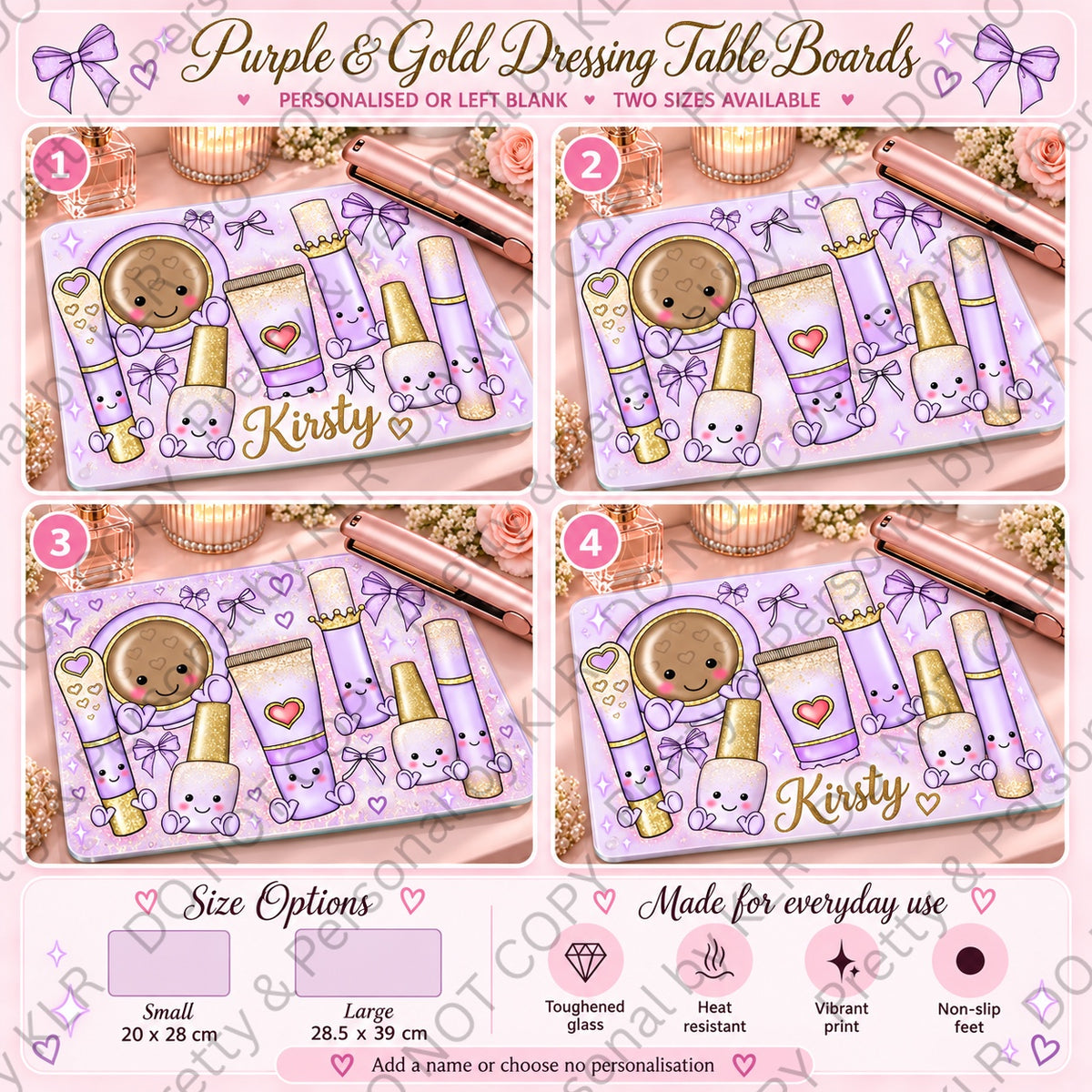 Purple and gold glass dressing table board designs