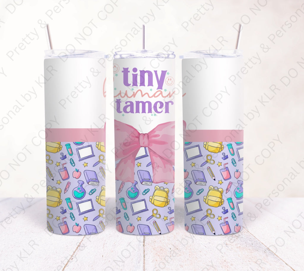 Tiny Human Tamer Pink Bow 12oz personalised teacher tumbler mockup, front and sides