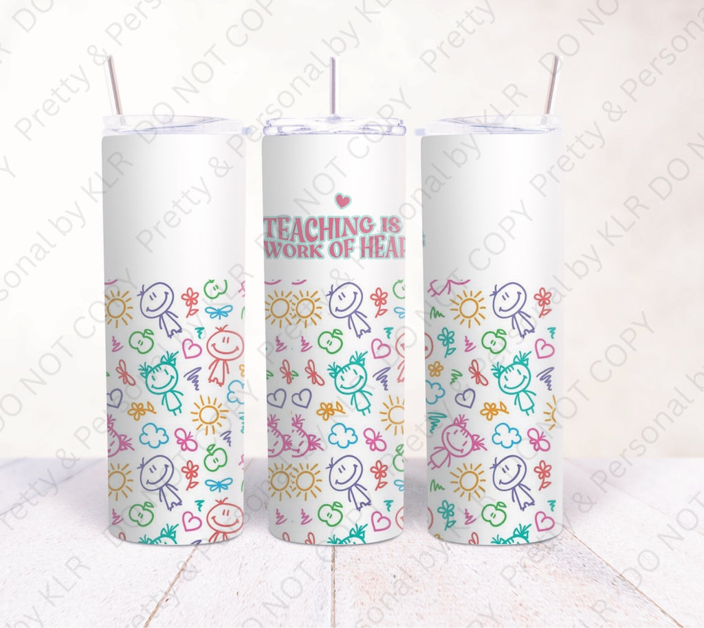 Teaching Is a Work of Heart 12oz personalised teacher tumbler mockup, front and sides