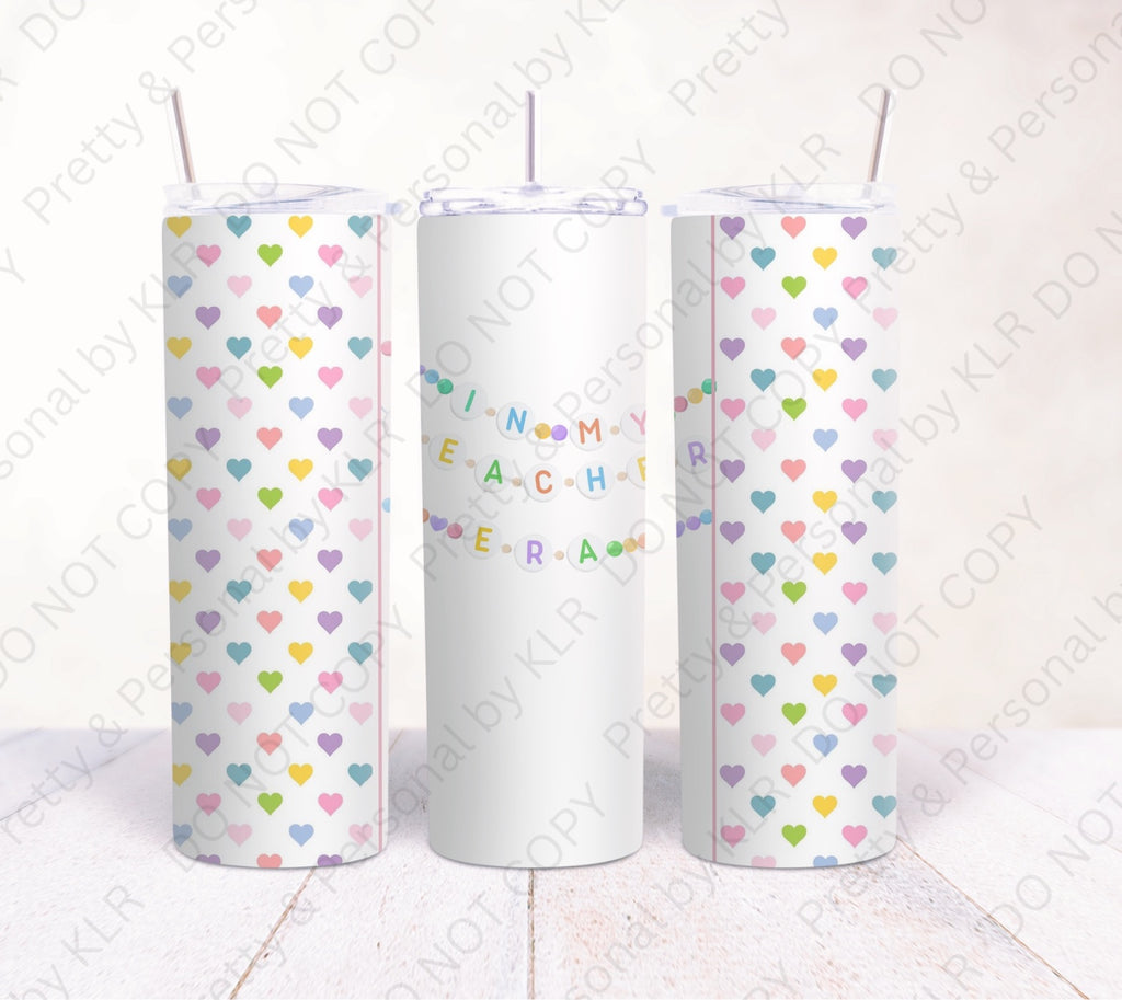 In My Teacher Era Rainbow Hearts 12oz personalised teacher tumbler mockup, front and sides