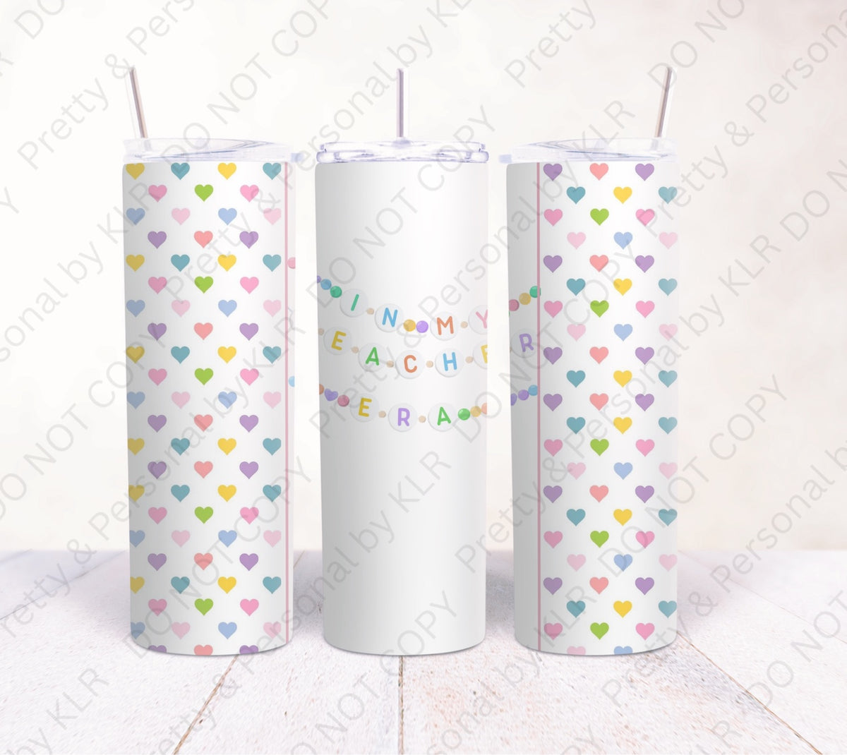 In My Teacher Era Rainbow Hearts 12oz personalised teacher tumbler mockup, front and sides