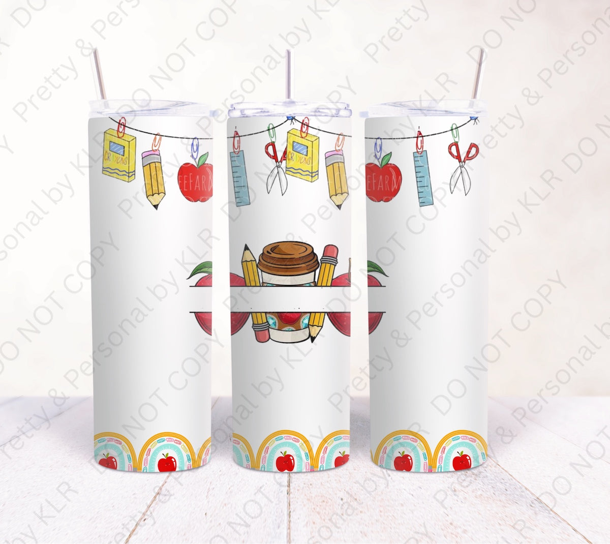 School Supplies and Coffee 12oz personalised teacher tumbler mockup, front and sides