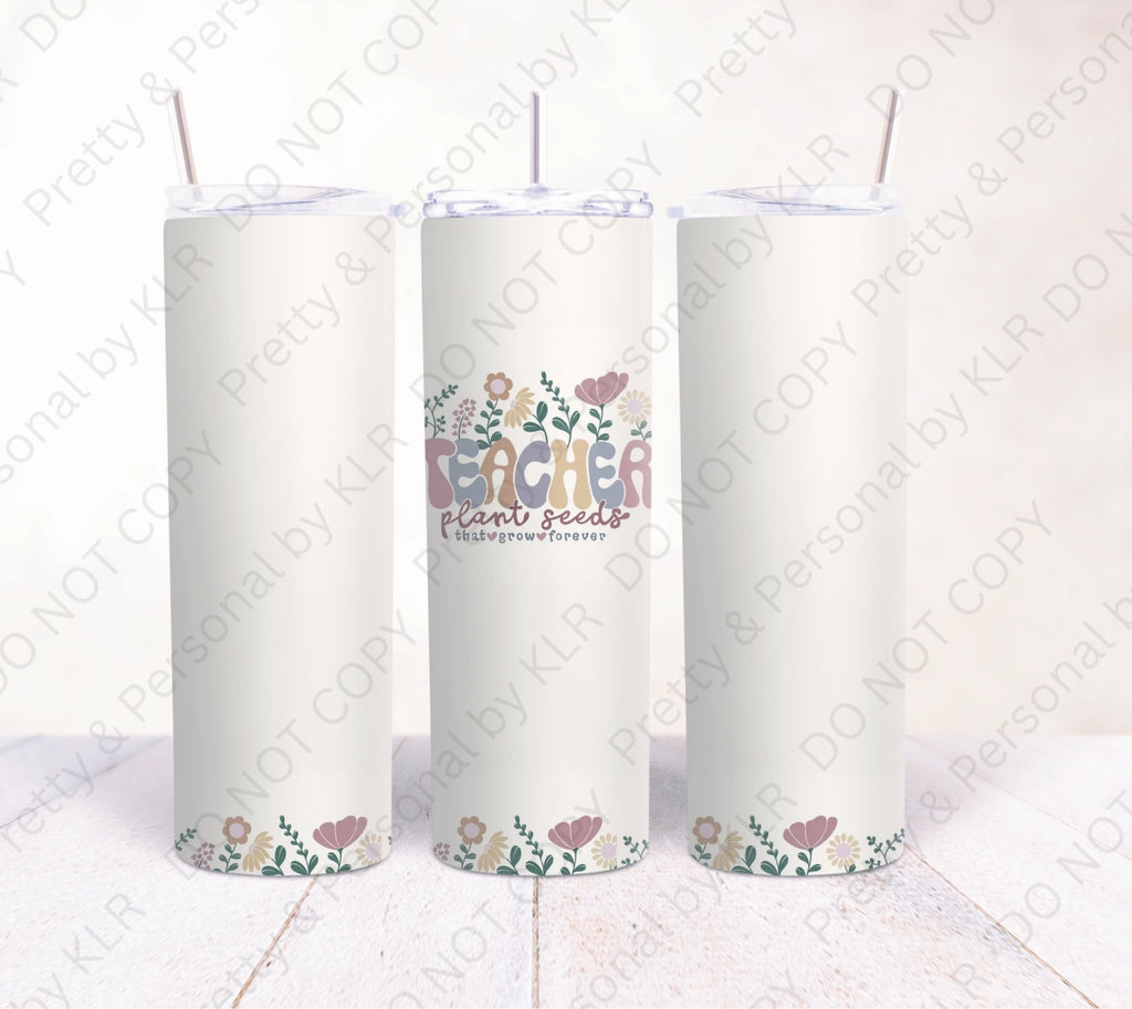 Teacher Plant Seeds Floral 12oz personalised teacher tumbler mockup, front and sides