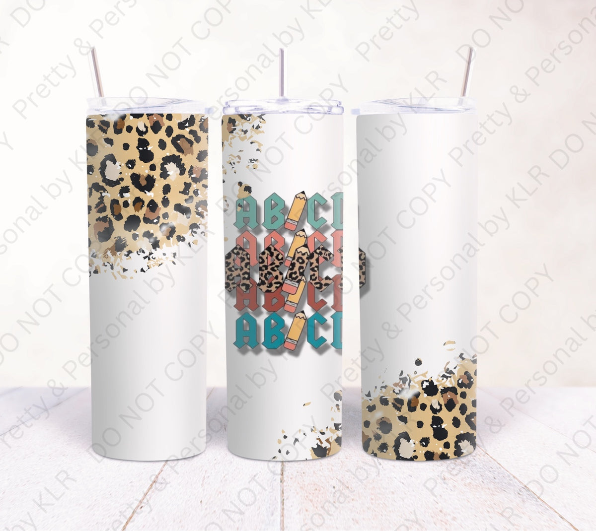 Leopard Print ABC Teacher 12oz personalised teacher tumbler mockup, front and sides