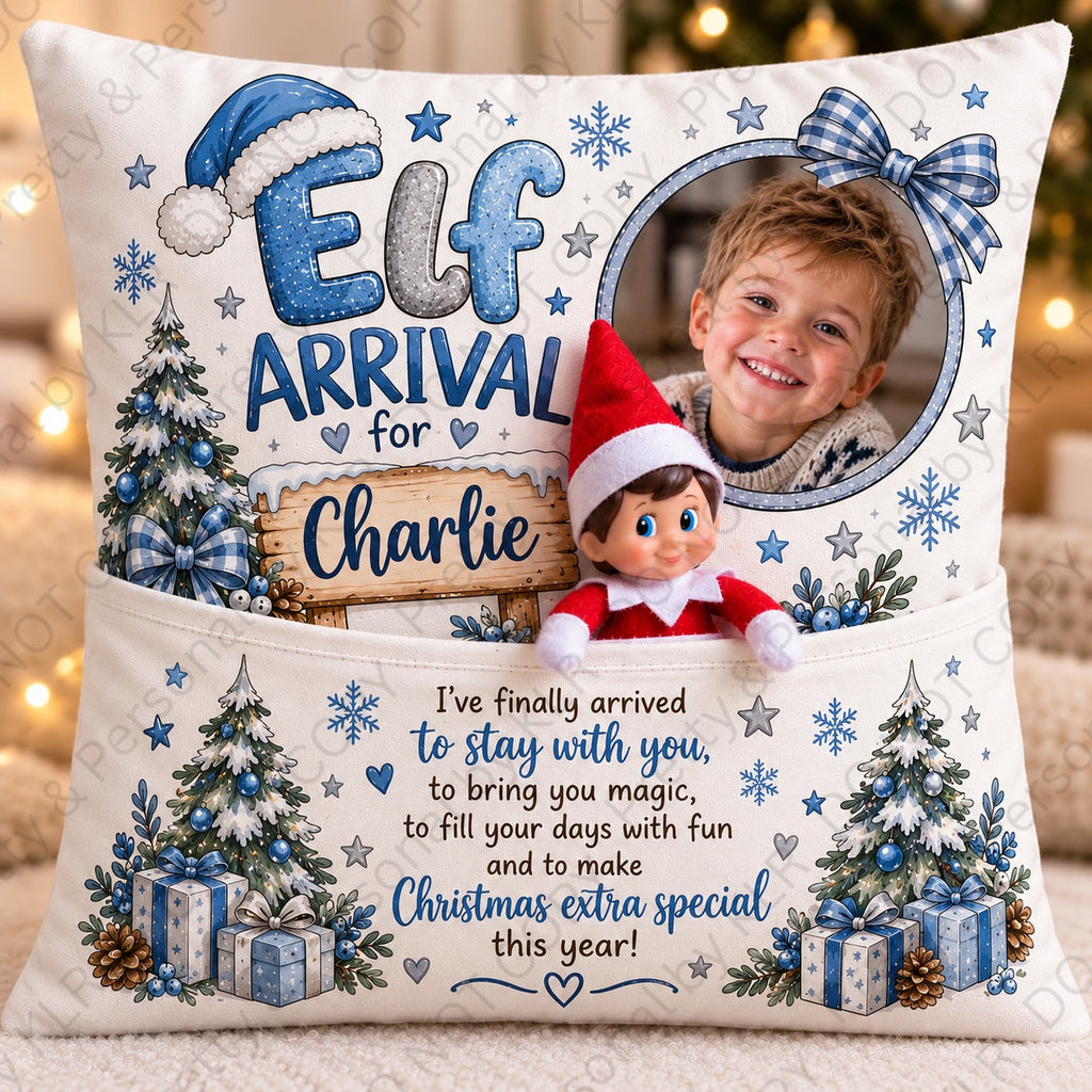 blue elf arrival photo cushion