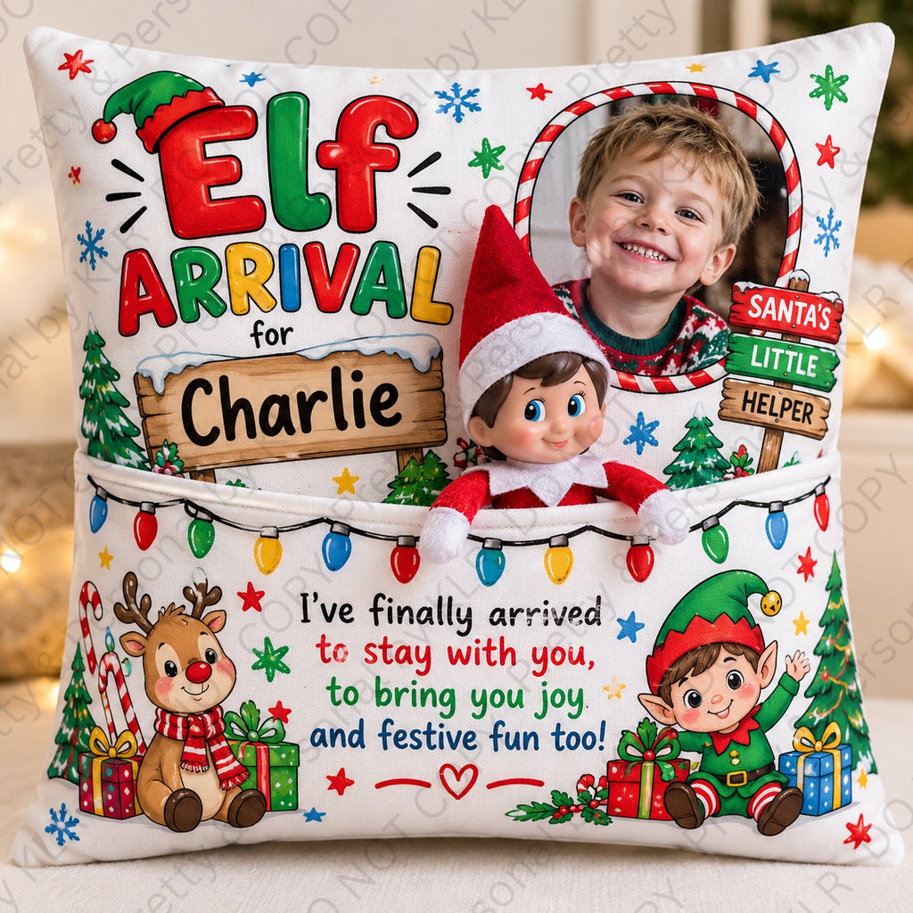 colourful elf arrival photo cushion