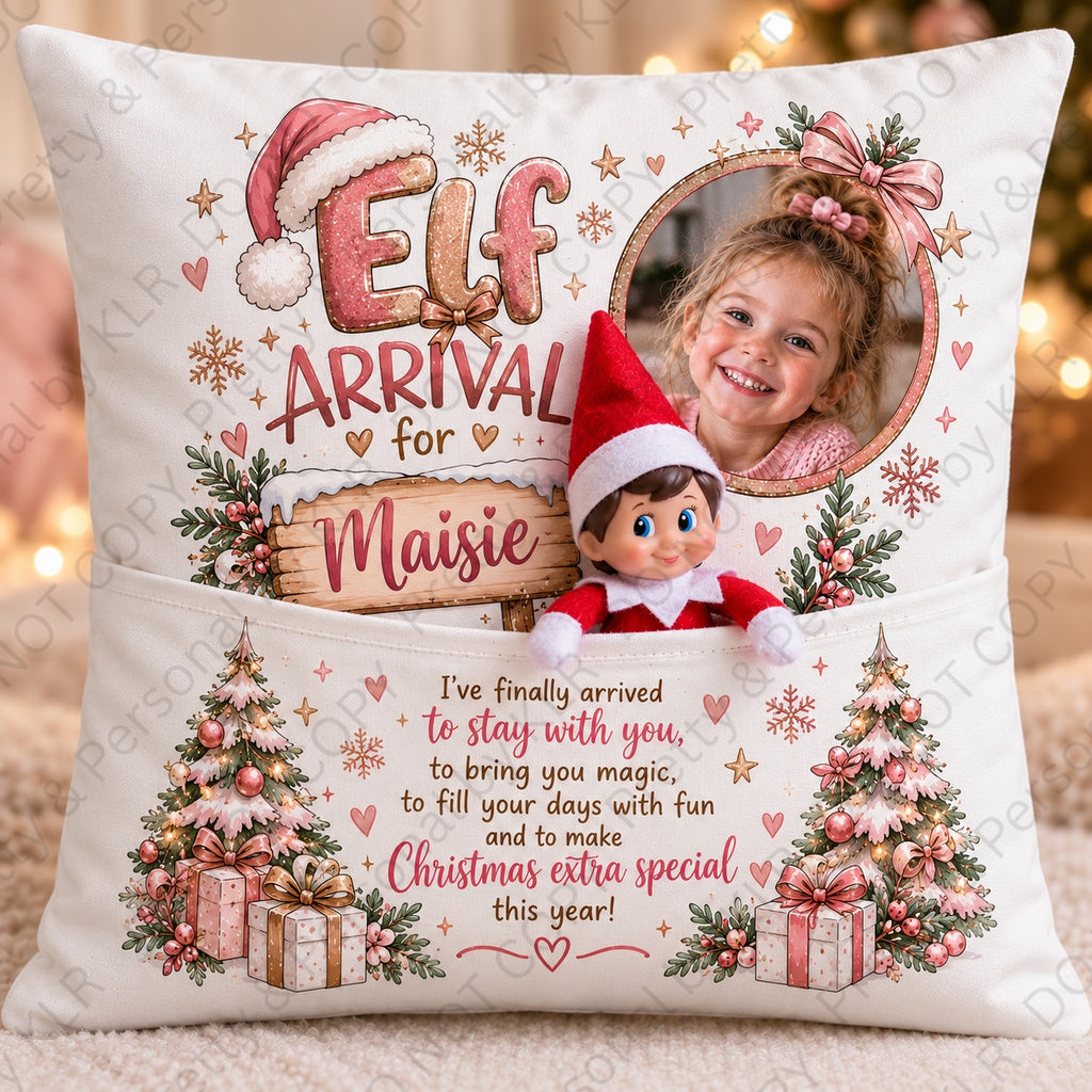 pink elf arrival photo cushion