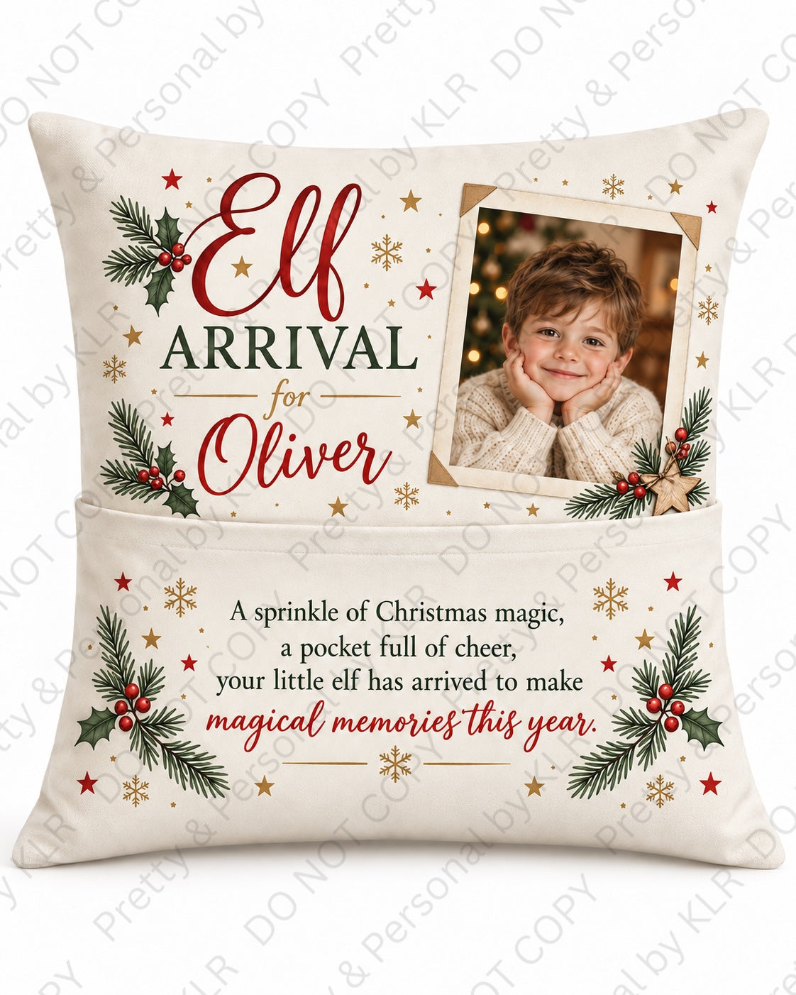 Traditional holly elf arrival photo cushion