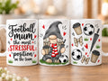 Football Mum gnome 11oz coffee mug Design 1 – Stressful Position (Red) front back side views