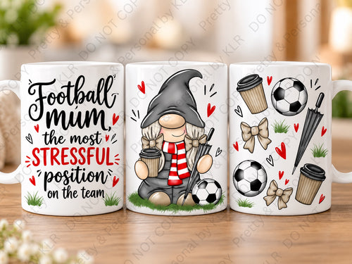 Football Mum gnome 11oz coffee mug Design 1 – Stressful Position (Red) front back side views