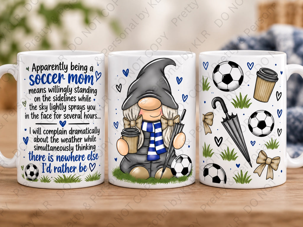 Football Mum gnome 11oz coffee mug Design 2 – Sideline Weather (Blue) front back side views