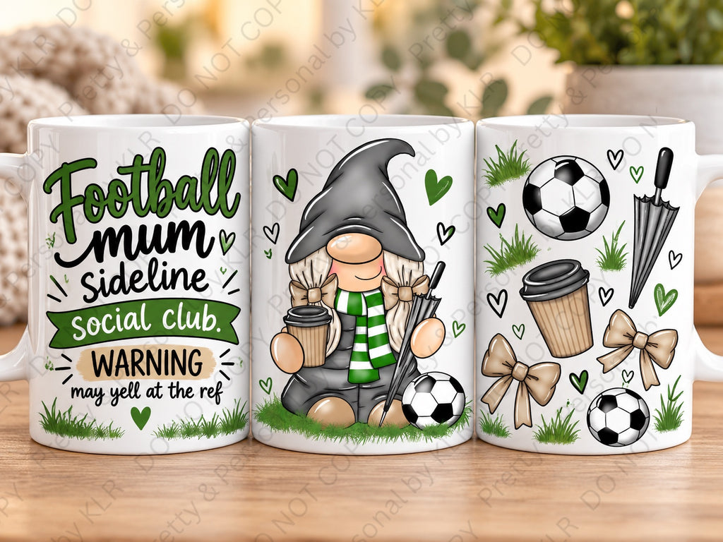 Football Mum gnome 11oz coffee mug Design 3 – Sideline Social Club (Green) front back side views