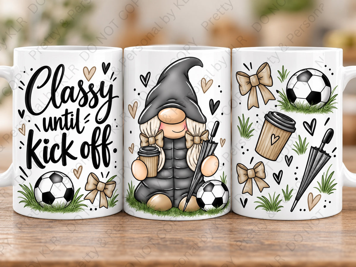 Football Mum gnome 11oz coffee mug Design 4 – Classy Until Kickoff front back side views