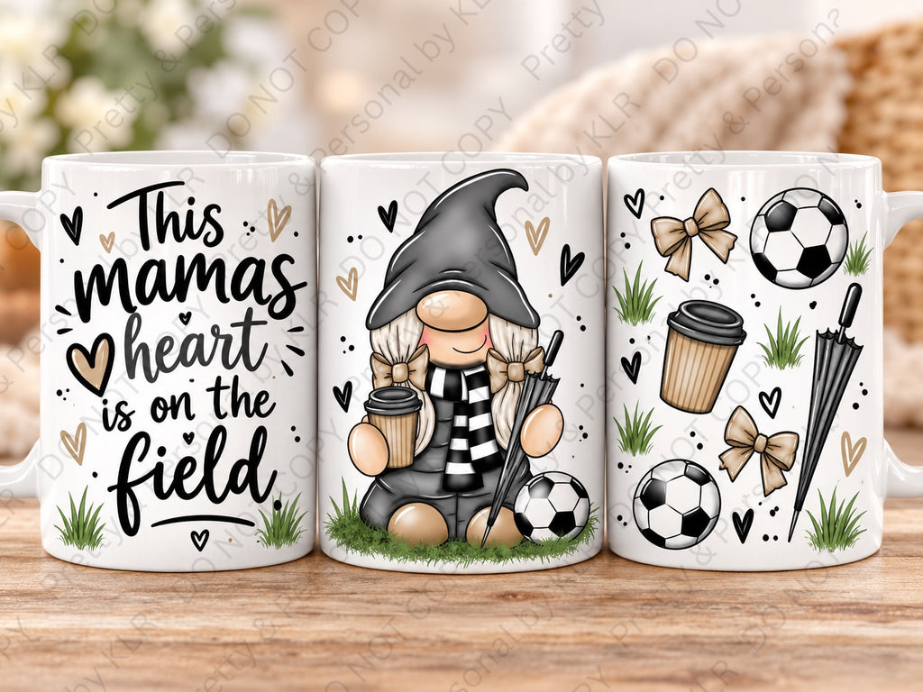 Football Mum gnome 11oz coffee mug Design 5 – Heart on the Field front back side views