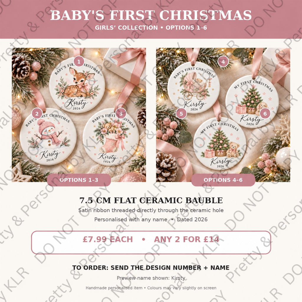 Baby girl first Christmas bauble options 1 to 6 – 7.5 cm