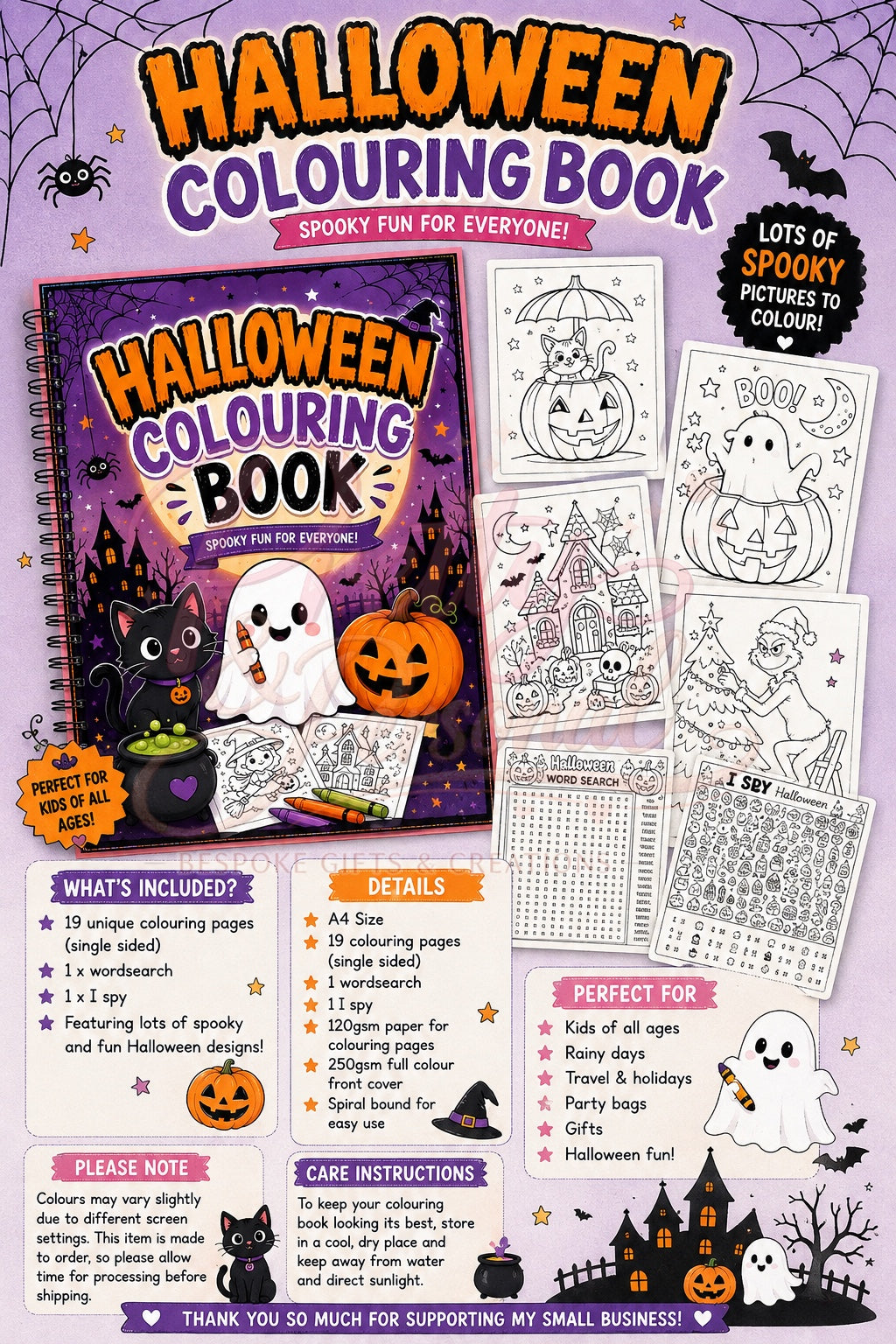 A4 spiral-bound Halloween colouring and activity book with sample pages