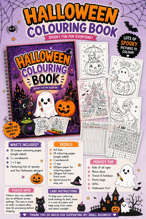 A4 spiral-bound Halloween colouring and activity book with sample pages