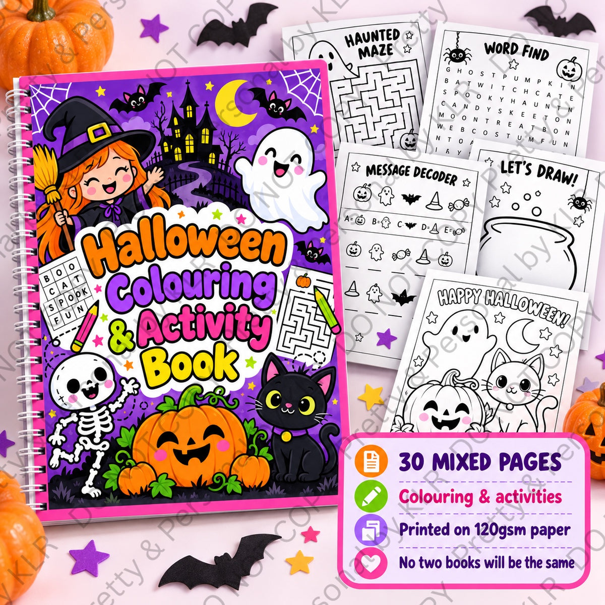Halloween colouring and activity book with 30 mixed pages