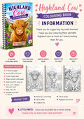 A4 spiral-bound Highland Cow colouring book with 21 sample pages