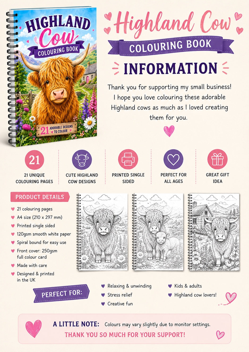 A4 spiral-bound Highland Cow colouring book with 21 sample pages
