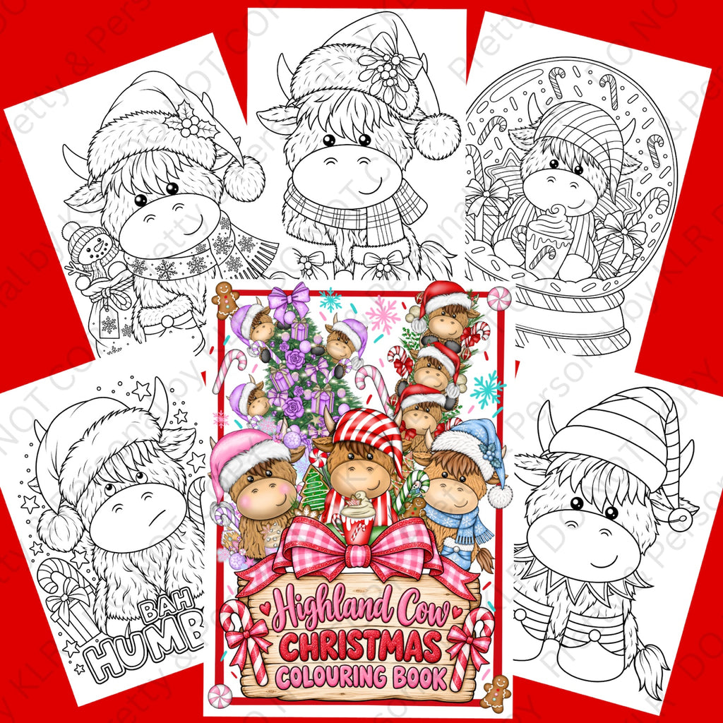 Highland Cow Christmas Colouring Book page previews