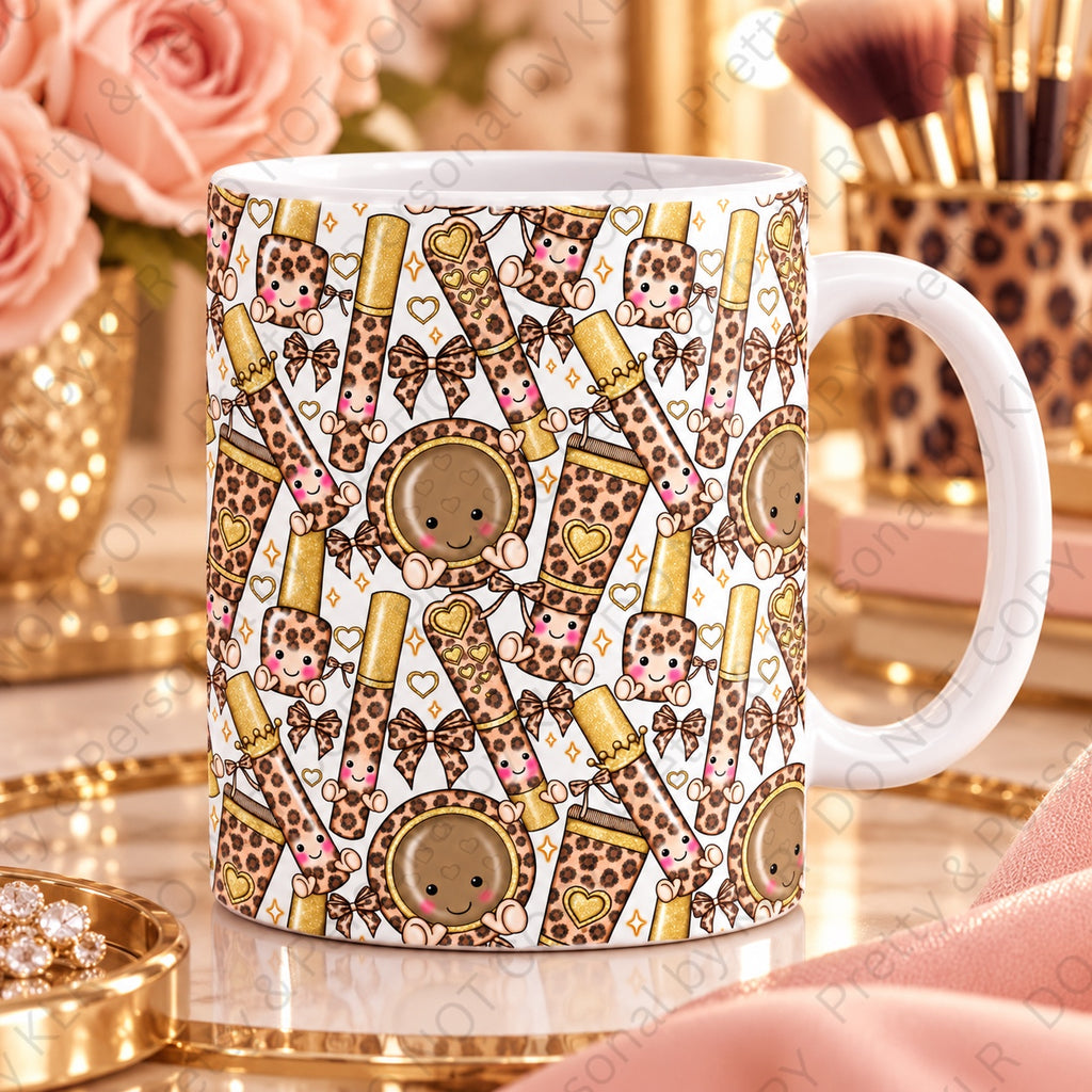 Leopard print makeup 11oz white ceramic mug with cute beauty accessories and gold bow design