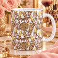 Leopard print makeup 11oz white ceramic mug with cute beauty accessories and gold bow design