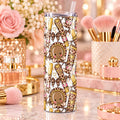 Leopard print makeup 12oz skinny tumbler with cute lipstick and cosmetic motifs