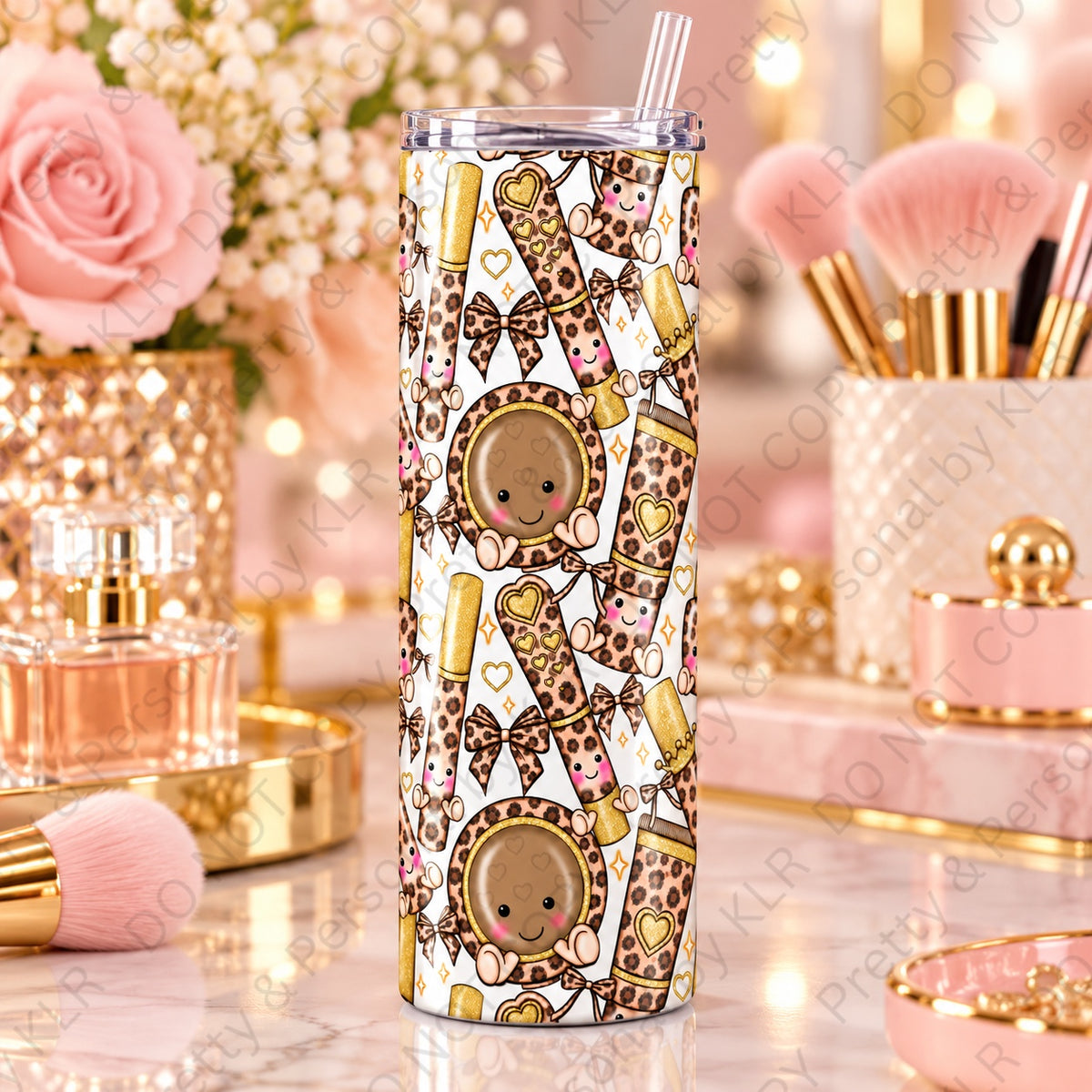 Leopard print makeup 12oz skinny tumbler with cute lipstick and cosmetic motifs