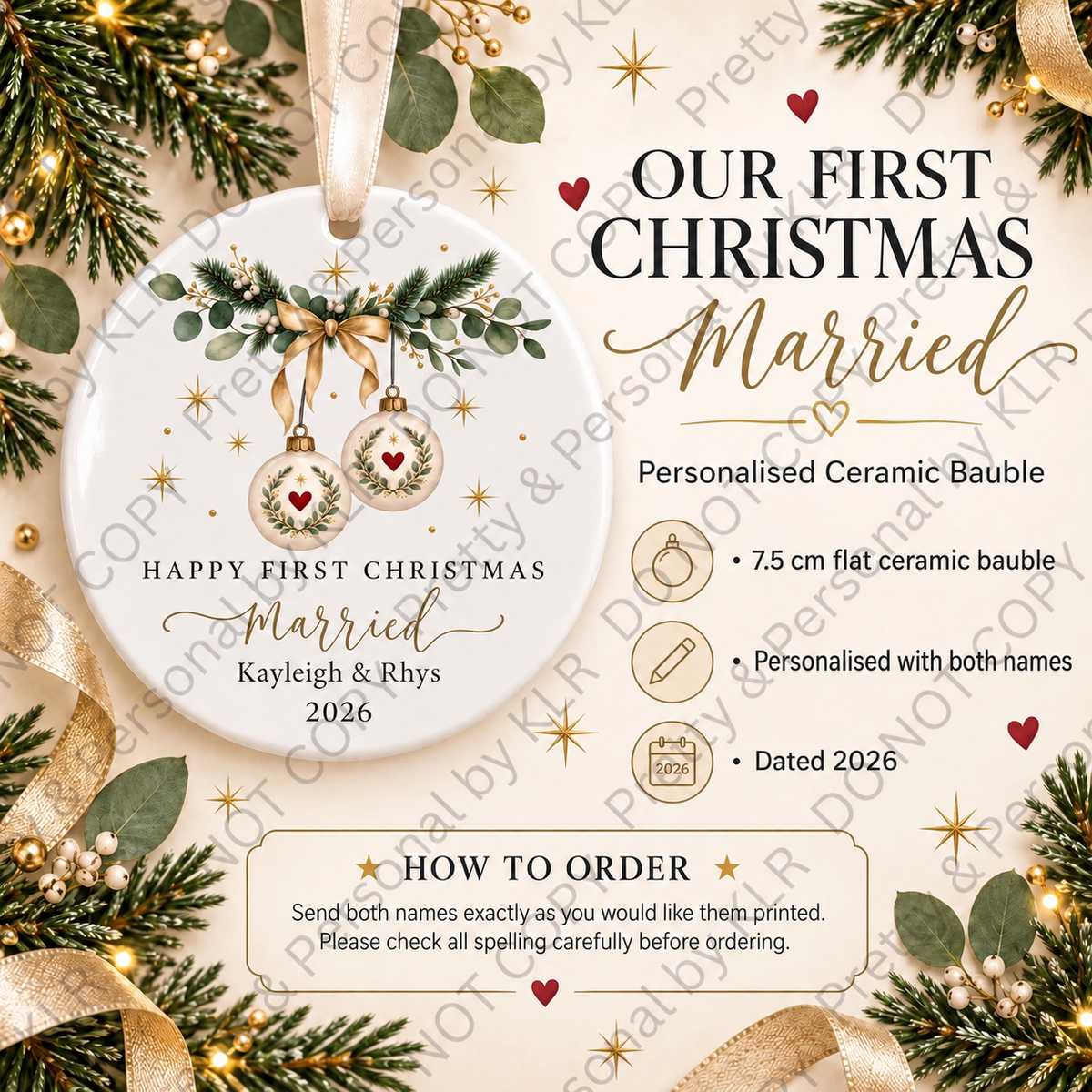 Our first Christmas married personalised ceramic bauble – 7.5 cm