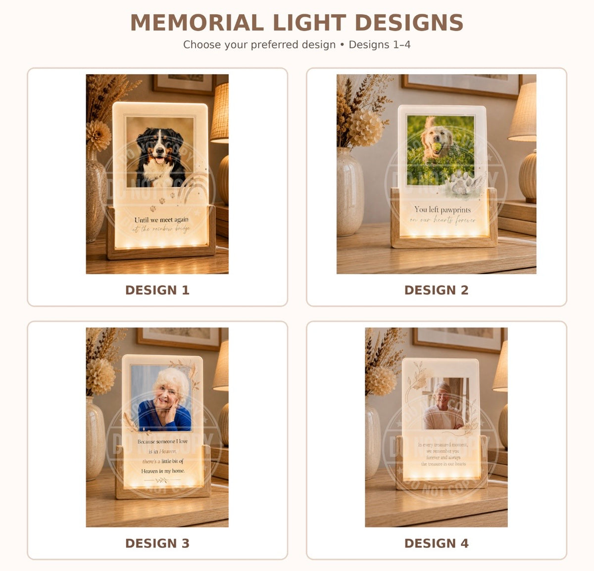 Personalised memorial LED glass photo panel designs 1 to 4