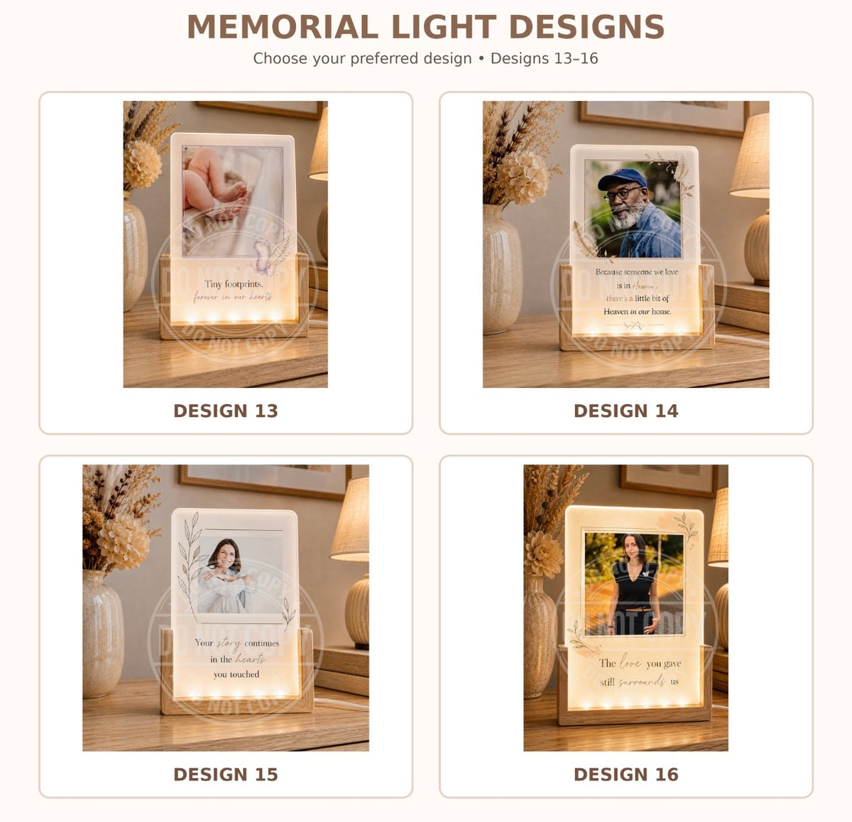 Personalised memorial LED glass photo panel designs 13 to 16