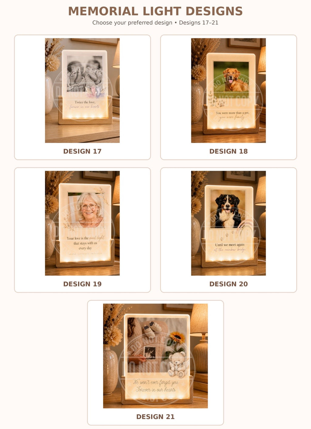 Personalised memorial LED glass photo panel designs 17 to 21