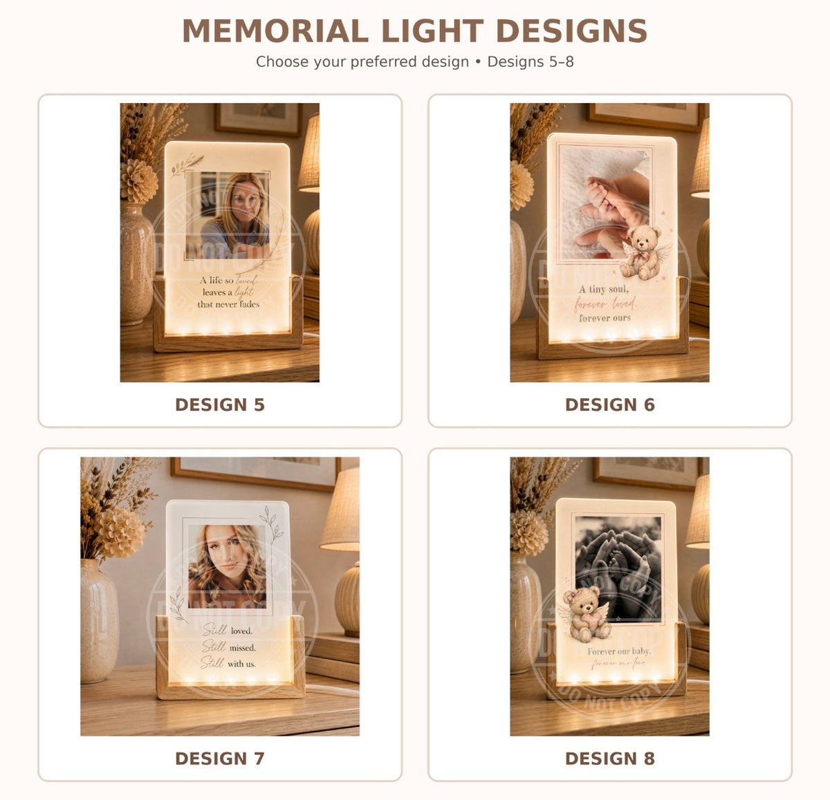 Personalised memorial LED glass photo panel designs 5 to 8