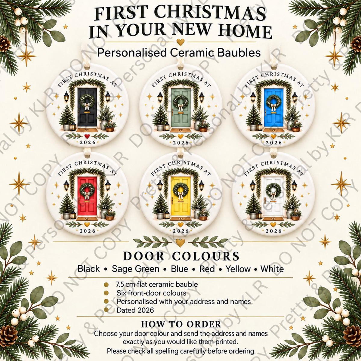 First Christmas in your new home bauble door colours – 7.5 cm
