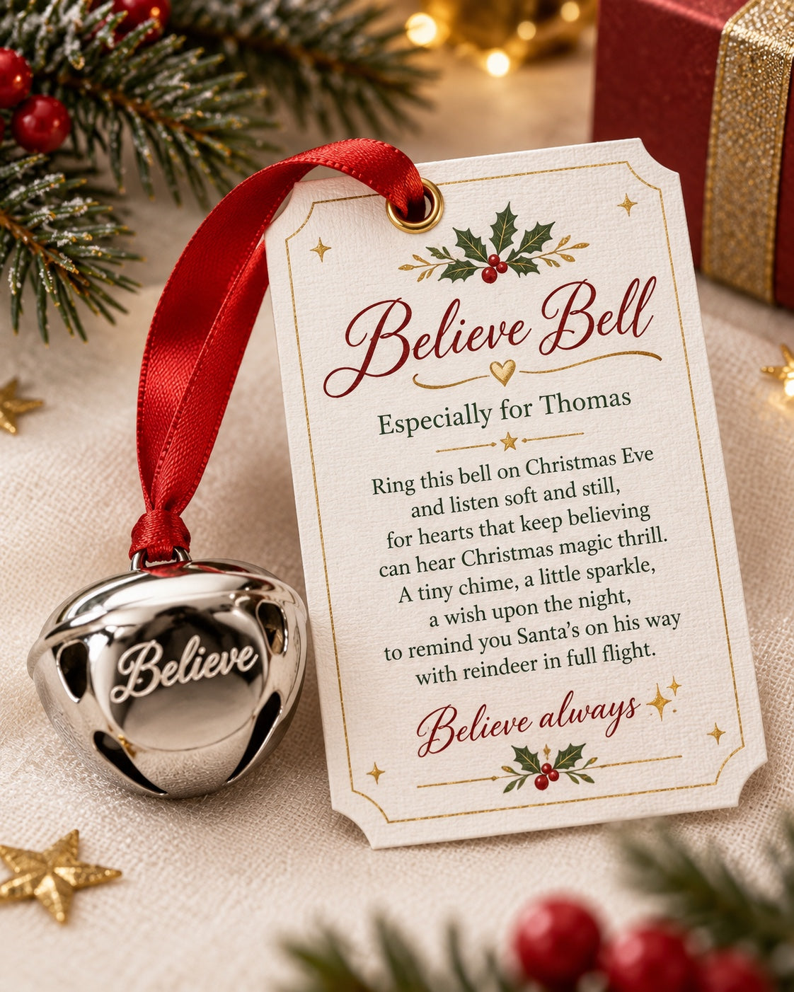Personalised Believe Bell with Christmas Eve gift tag