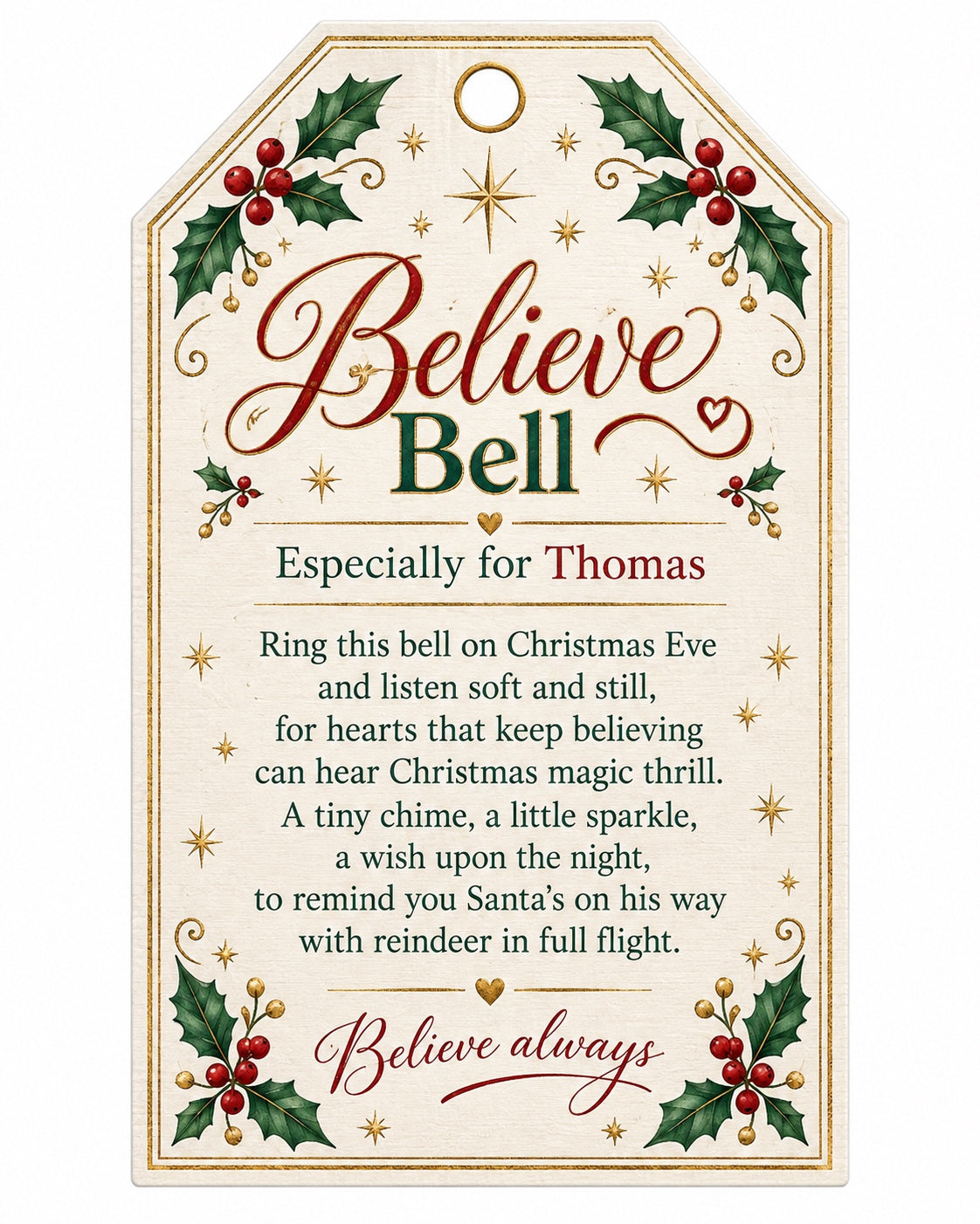 Personalised Believe Bell Christmas gift tag design